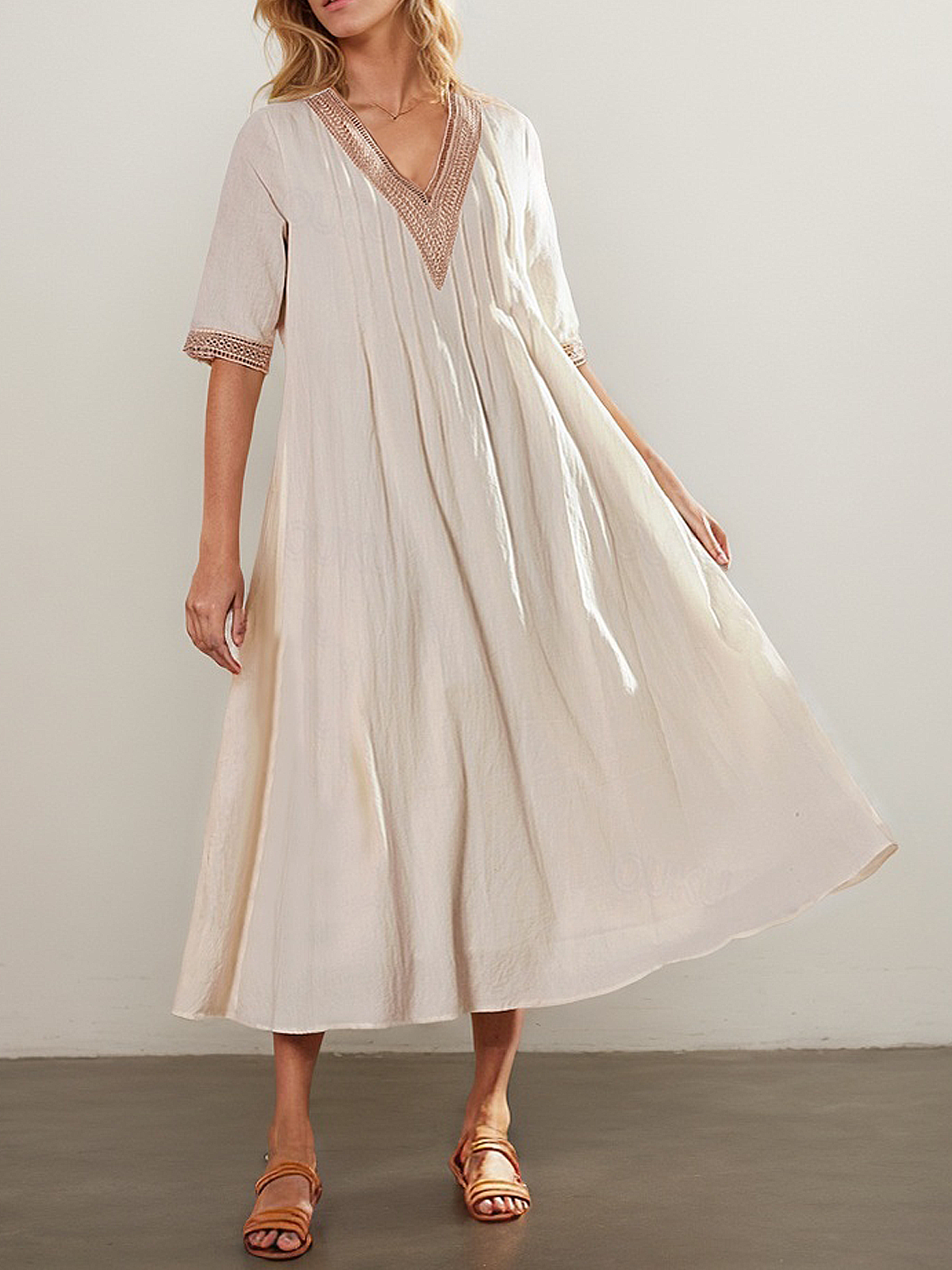 Linen V Neck Plain Short Sleeve Midi Dress