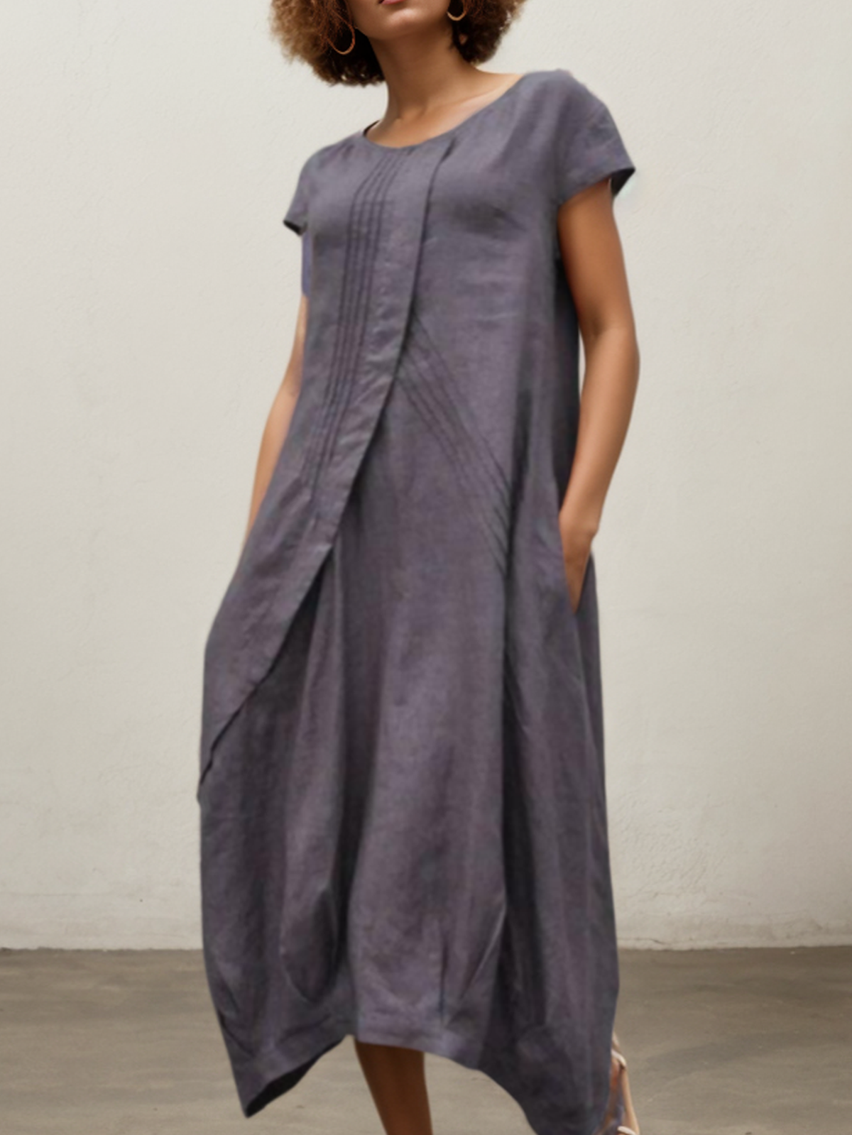 Cotton And Linen Crew Neck Plain Short Sleeve Midi Dress