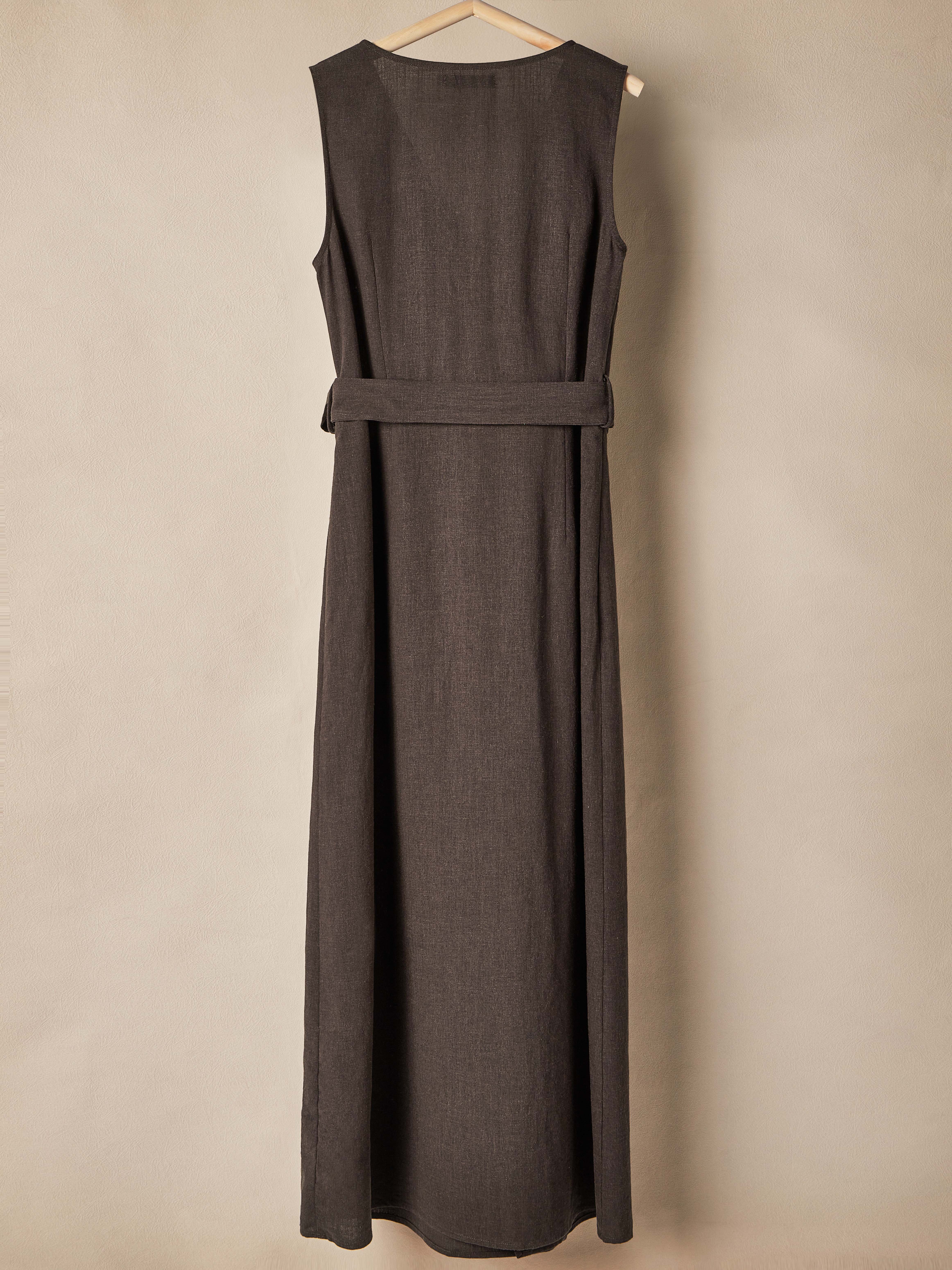 Cotton And Linen V Neck Belt Design Sleeveless Slit Maxi Dress