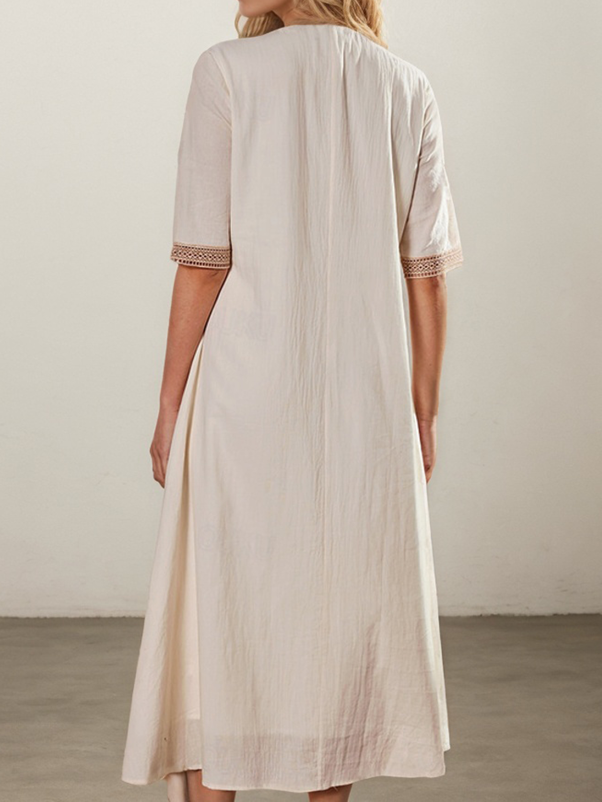 Linen V Neck Plain Short Sleeve Midi Dress