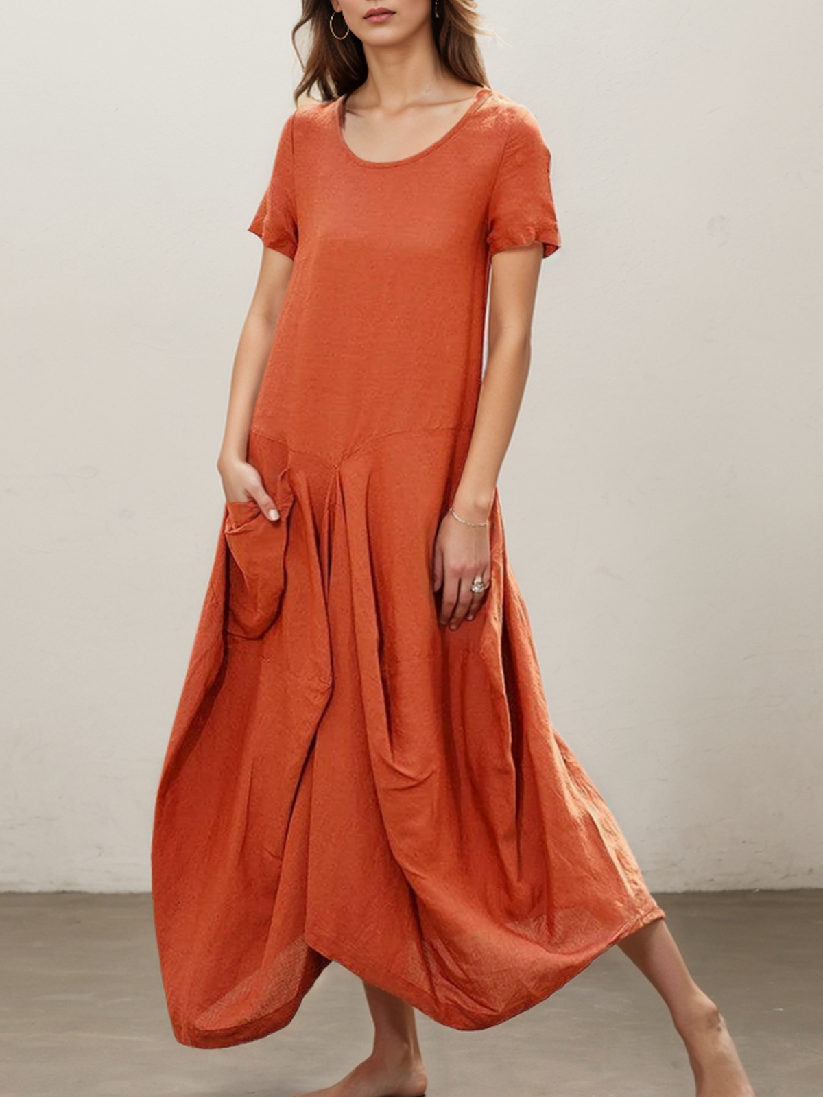 Cotton And Linen Crew Neck Plain Short Sleeve Maxi Dress