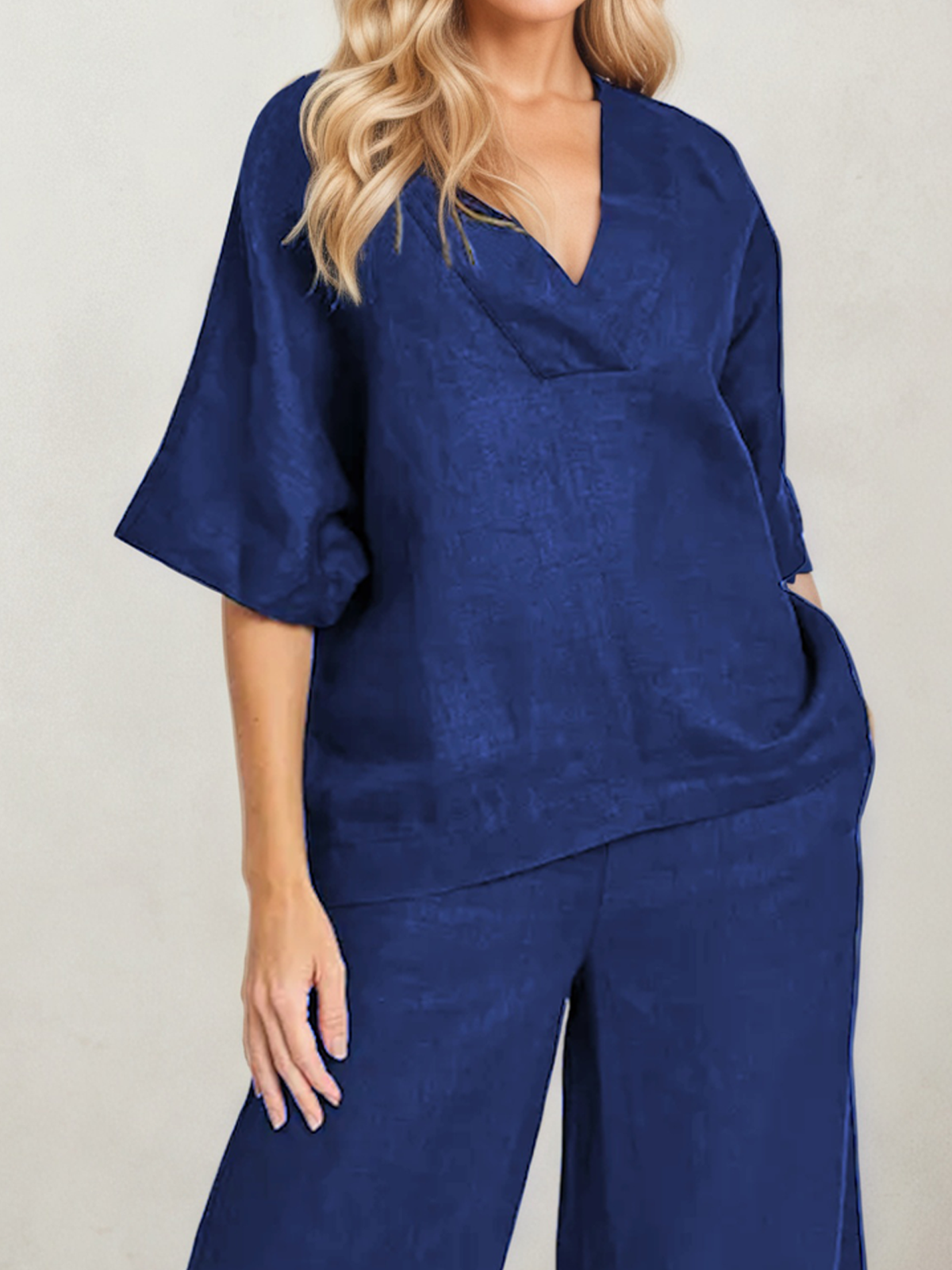 Linen V Neck Plain Short Sleeve Top With Pants Two-piece Set