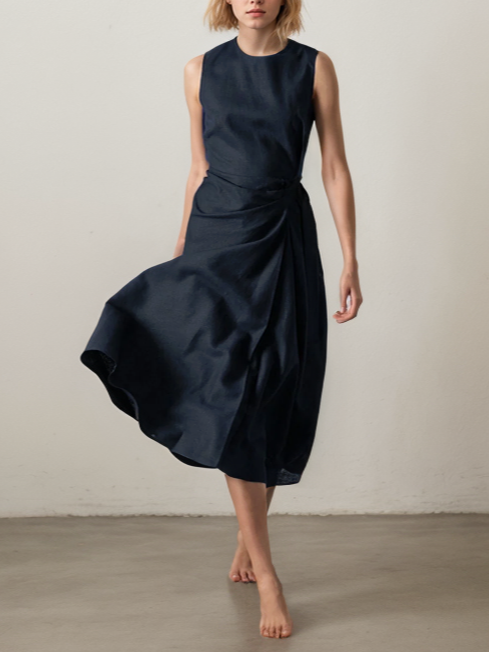 Linen Crew Neck Pleated Sleeveless Midi Dress