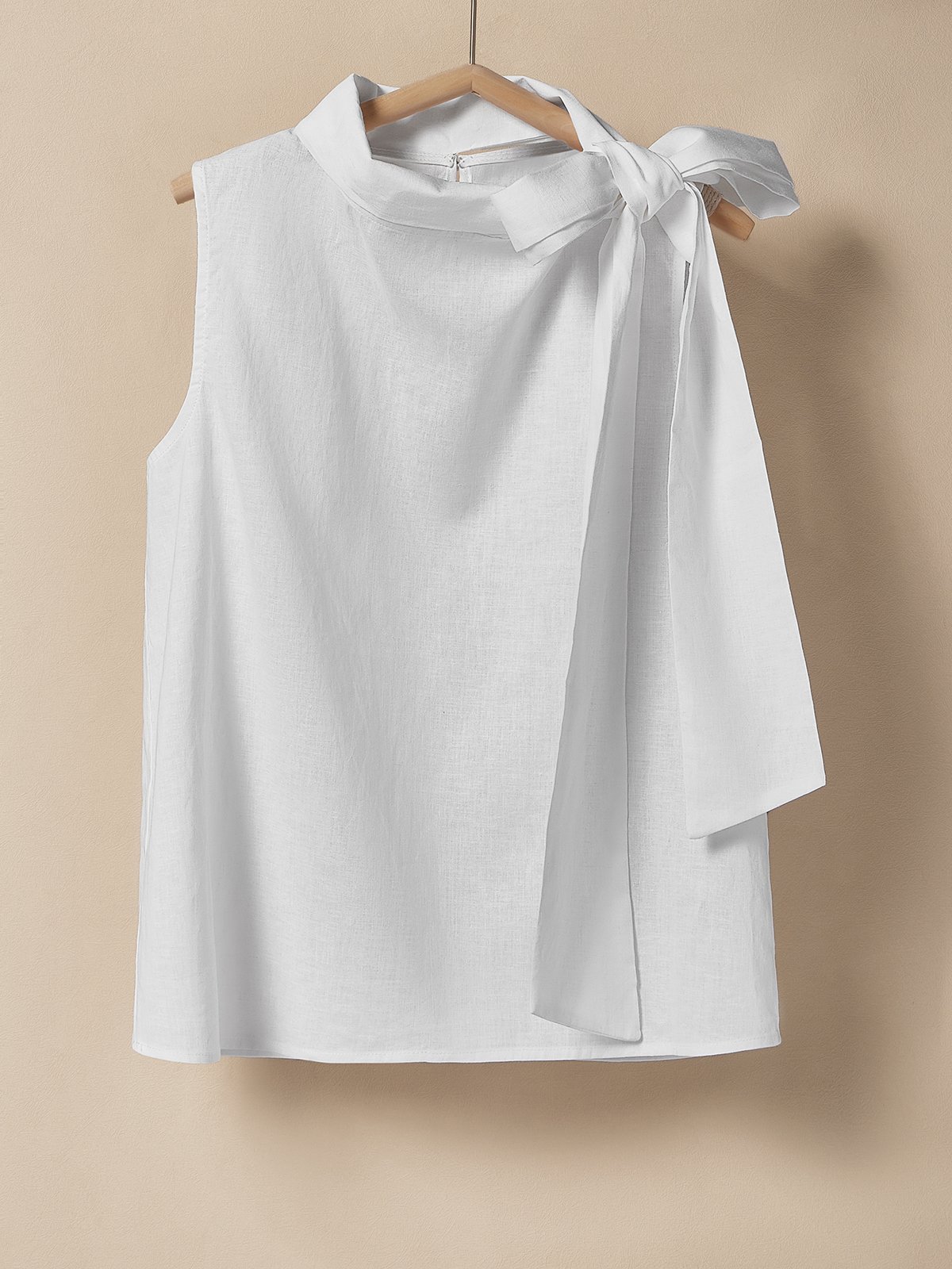 Linen Crew Neck Plain Knot Design Sleeveless Tank Top