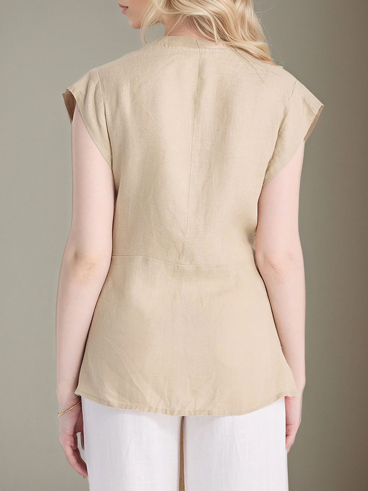 Linen V Neck Plain Cap Sleeve Blouse