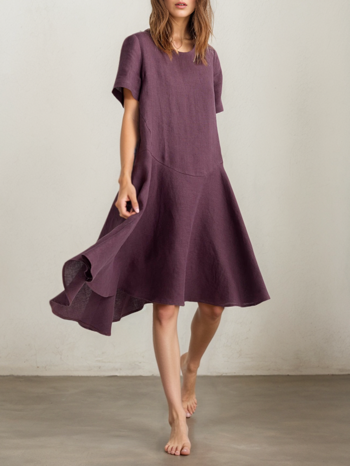 Cotton And Linen Crew Neck Plain Short Sleeve Mini Dress