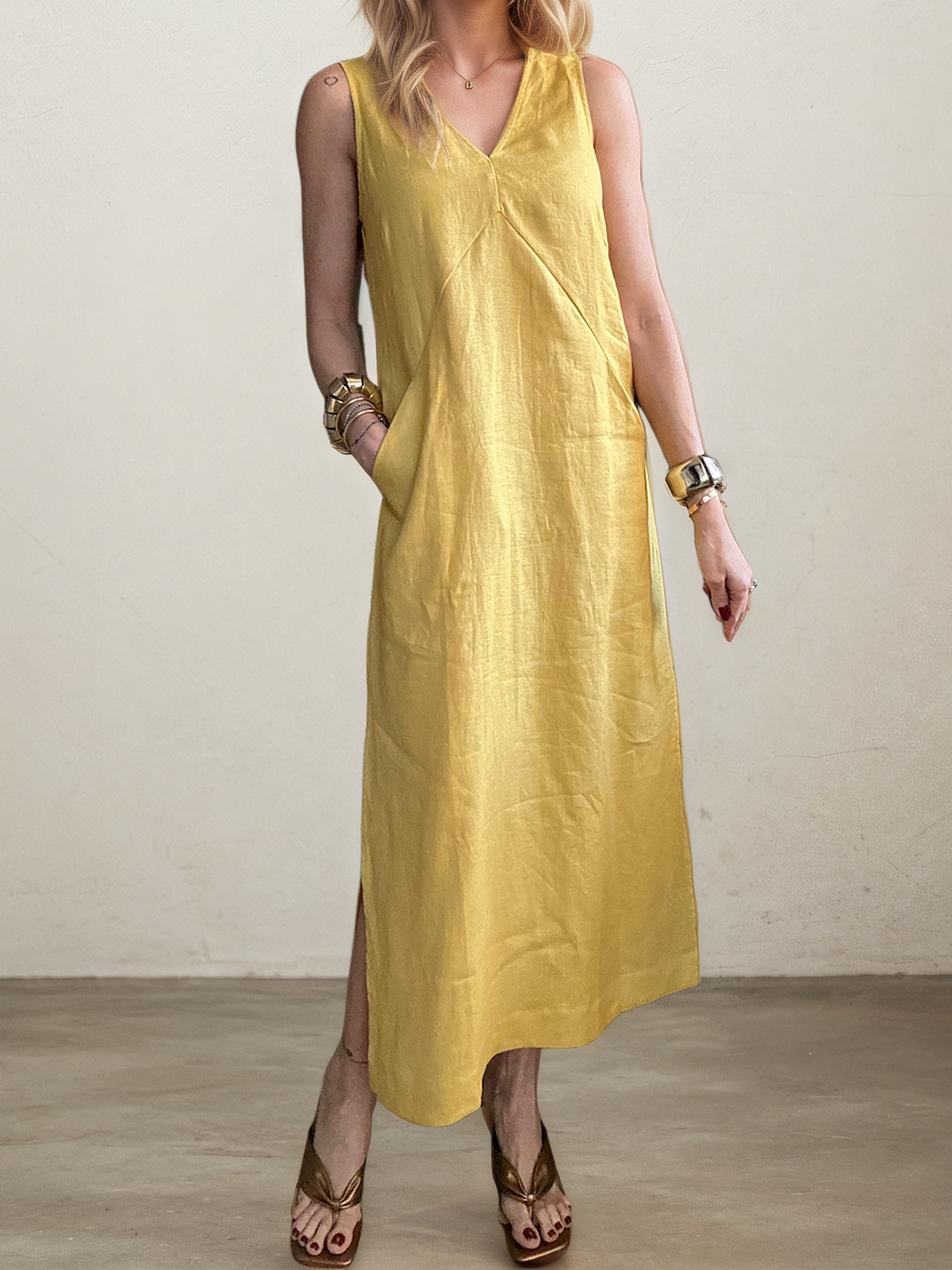 Linen V Neck Plain Sleeveless Maxi Dress