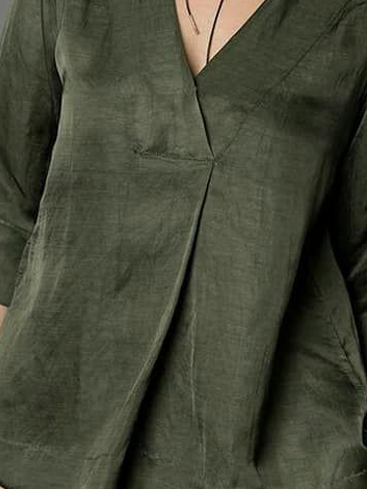 Cotton And Linen V Neck Plain Three Quarter Sleeve Blouse