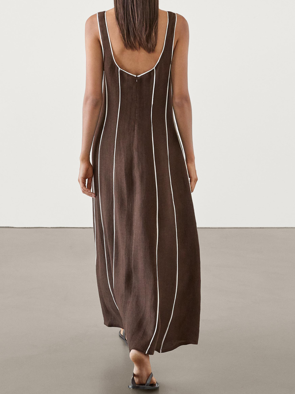 Cotton And Linen Crew Neck Striped Sleeveless Maxi Dress