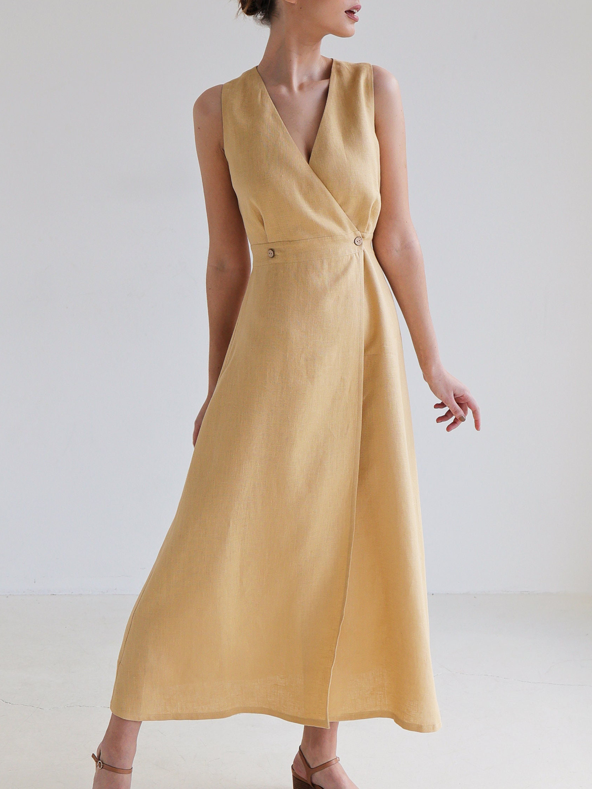 Cotton And Linen V Neck Plain Sleeveless Maxi Dress