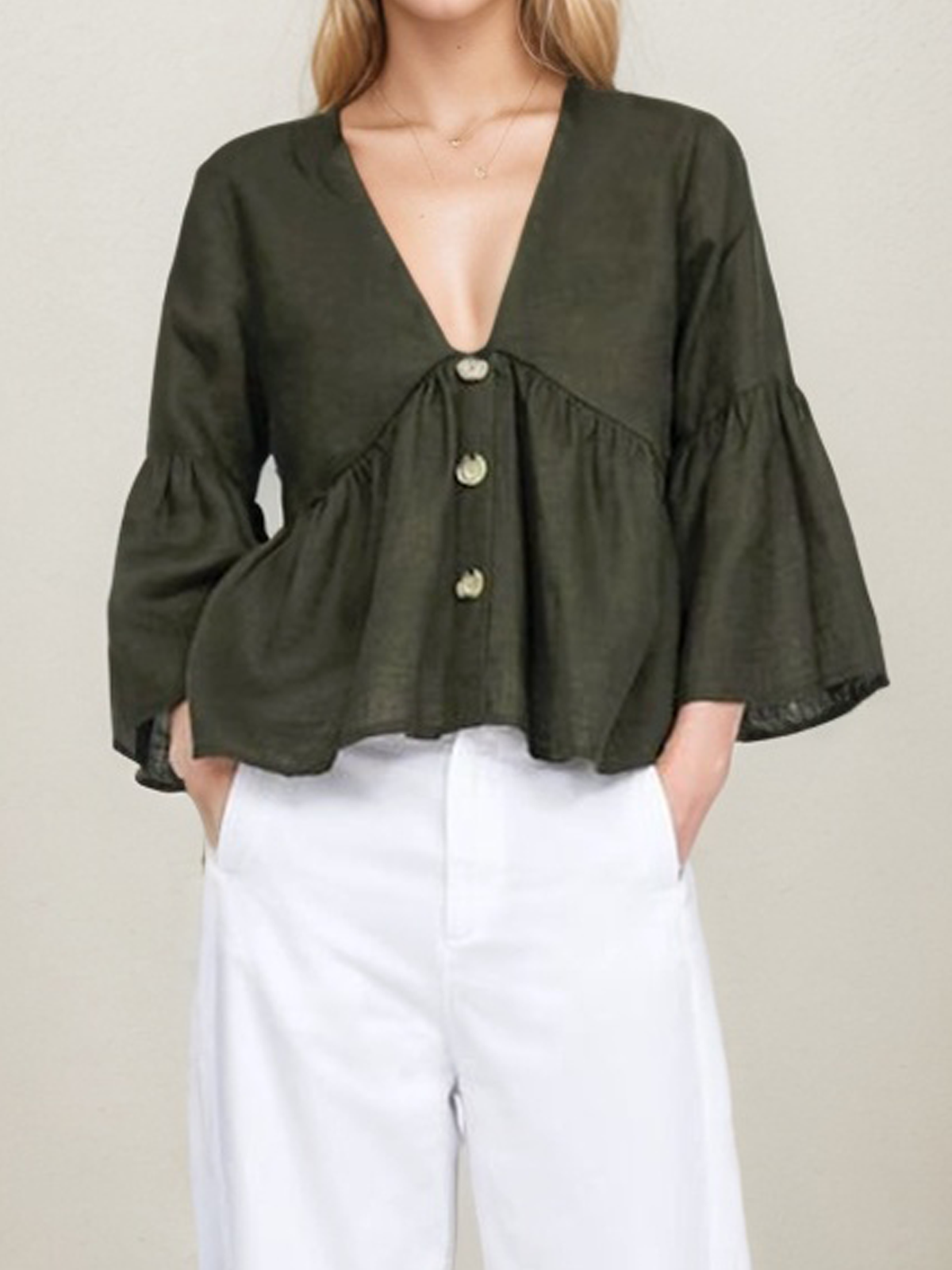 Linen V Neck Plain Three Quarter Sleeve Blouse