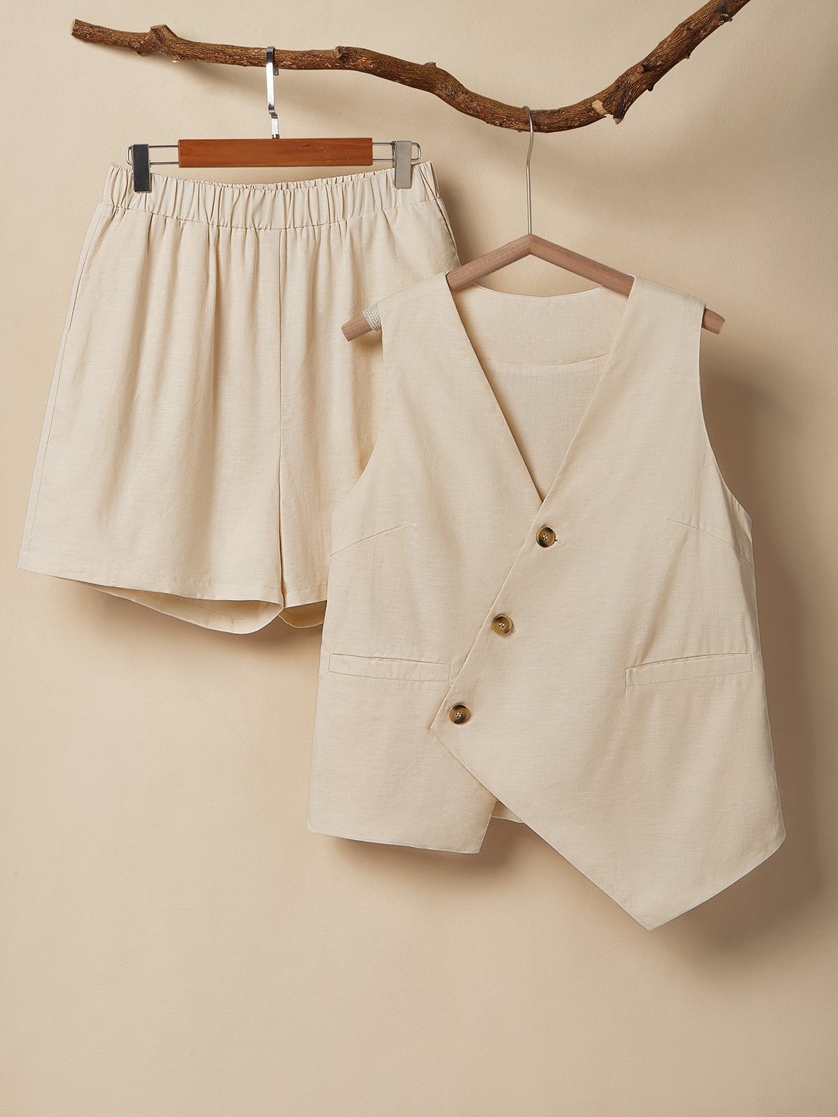 Cotton And Linen V Neck Plain Button Design Sleeveless Two-piece Set