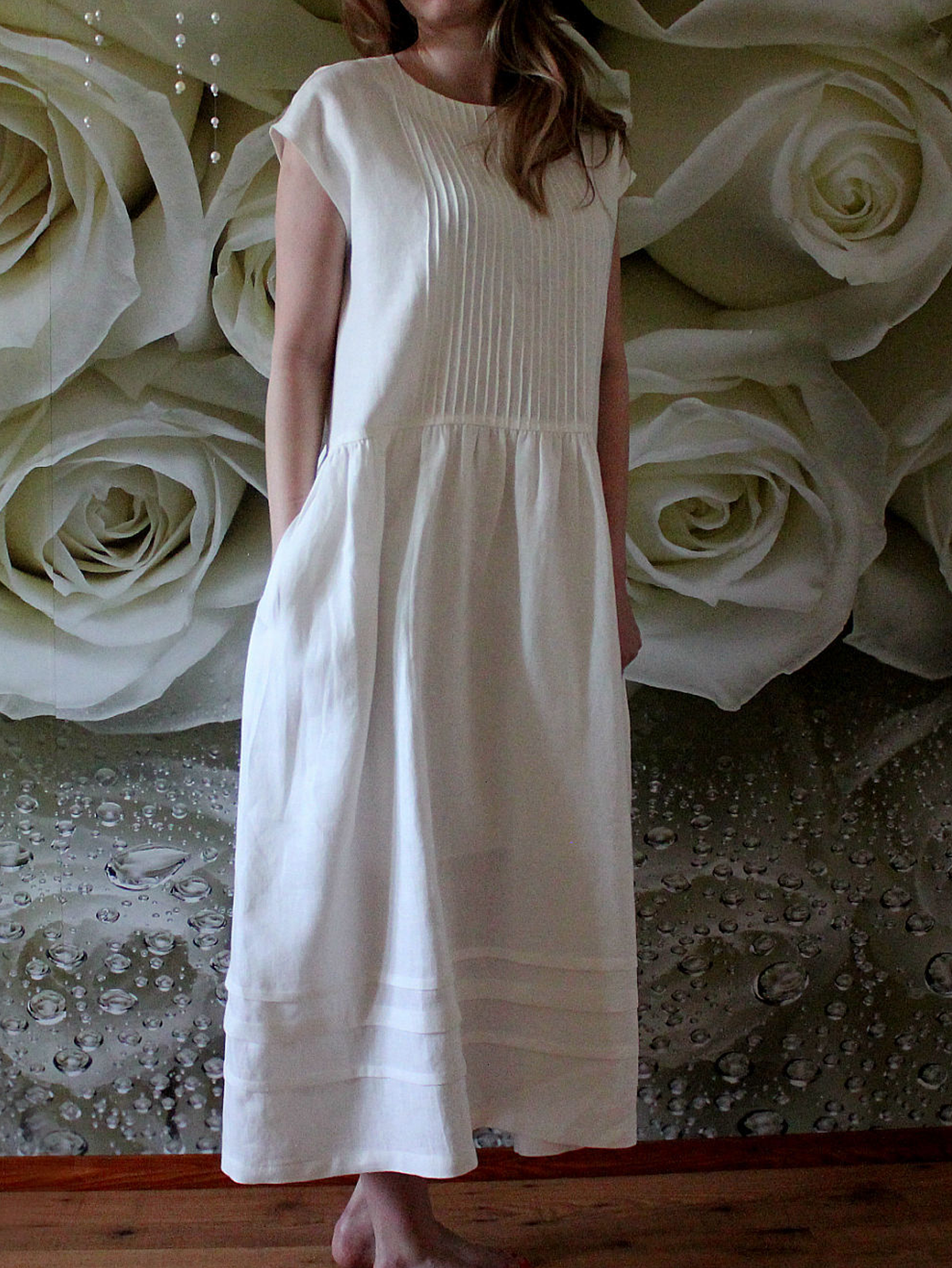 Cotton And Linen Crew Neck Plain Short Sleeve Maxi Dress