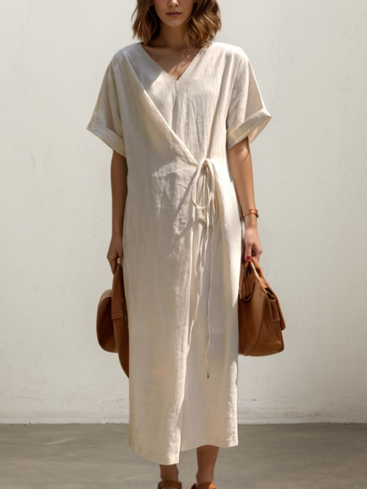 Cotton And Linen Crew Neck Plain Short Sleeve Maxi Dress