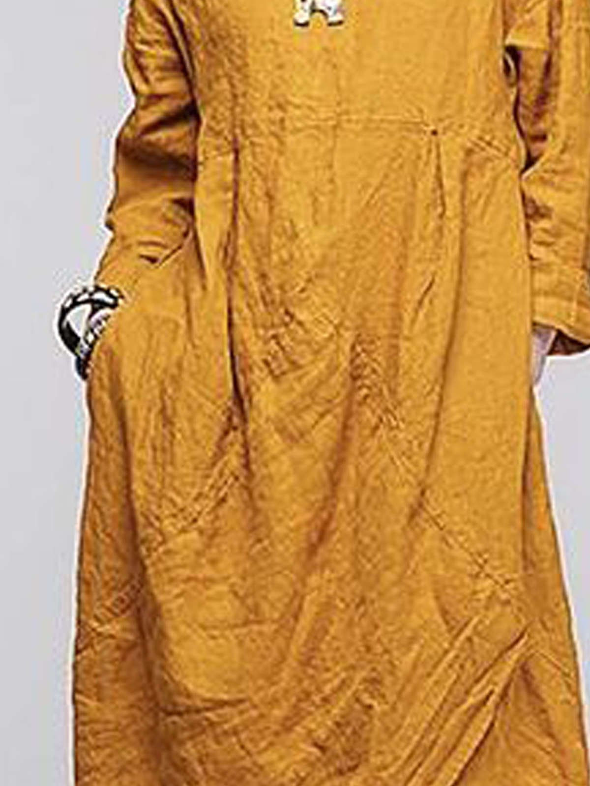 Cotton And Linen Crew Neck Plain Long Sleeve Maxi Dress