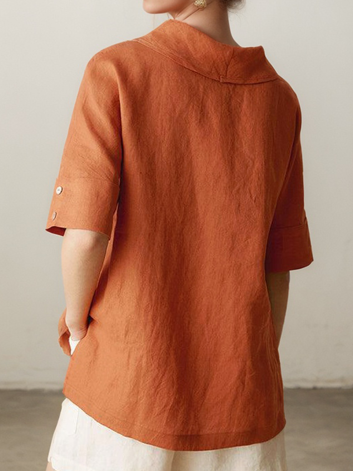 Linen Shawl Collar Plain Short Sleeve Blouse