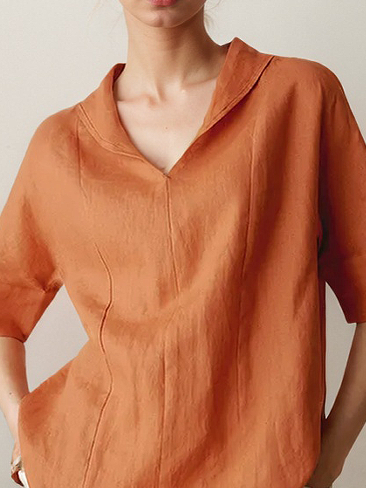 Linen Shawl Collar Plain Short Sleeve Blouse