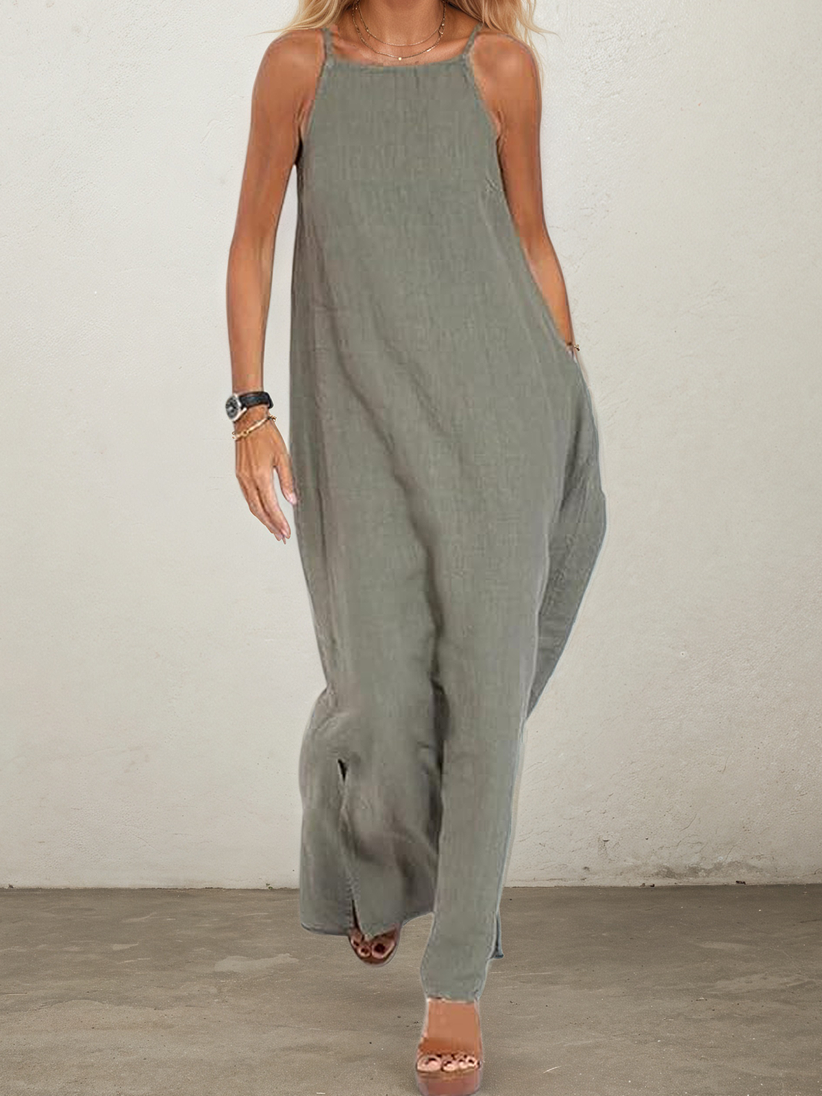 Linen Square Neck Plain Sleeveless Maxi Dress