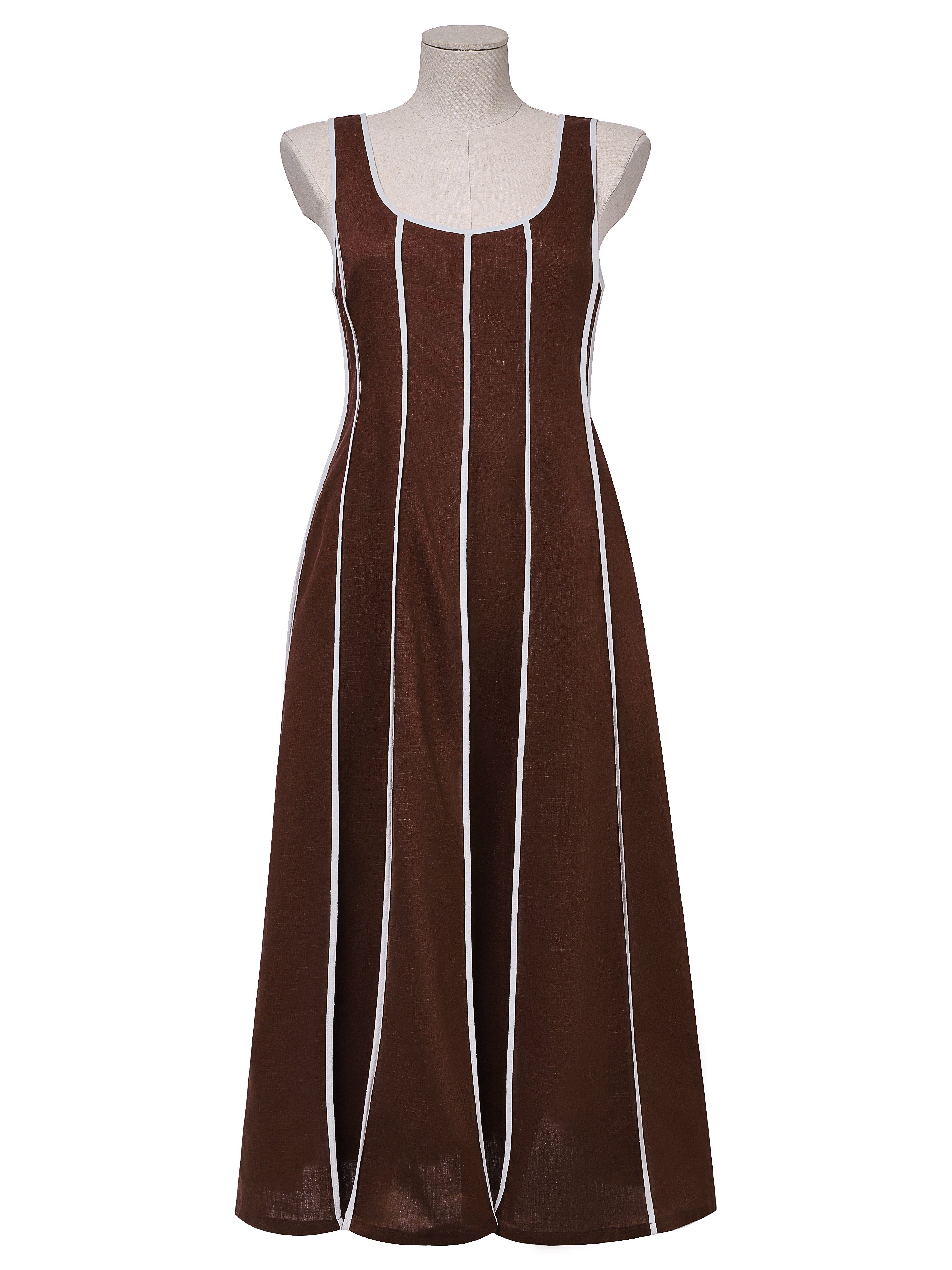 Cotton And Linen Crew Neck Striped Sleeveless Maxi Dress