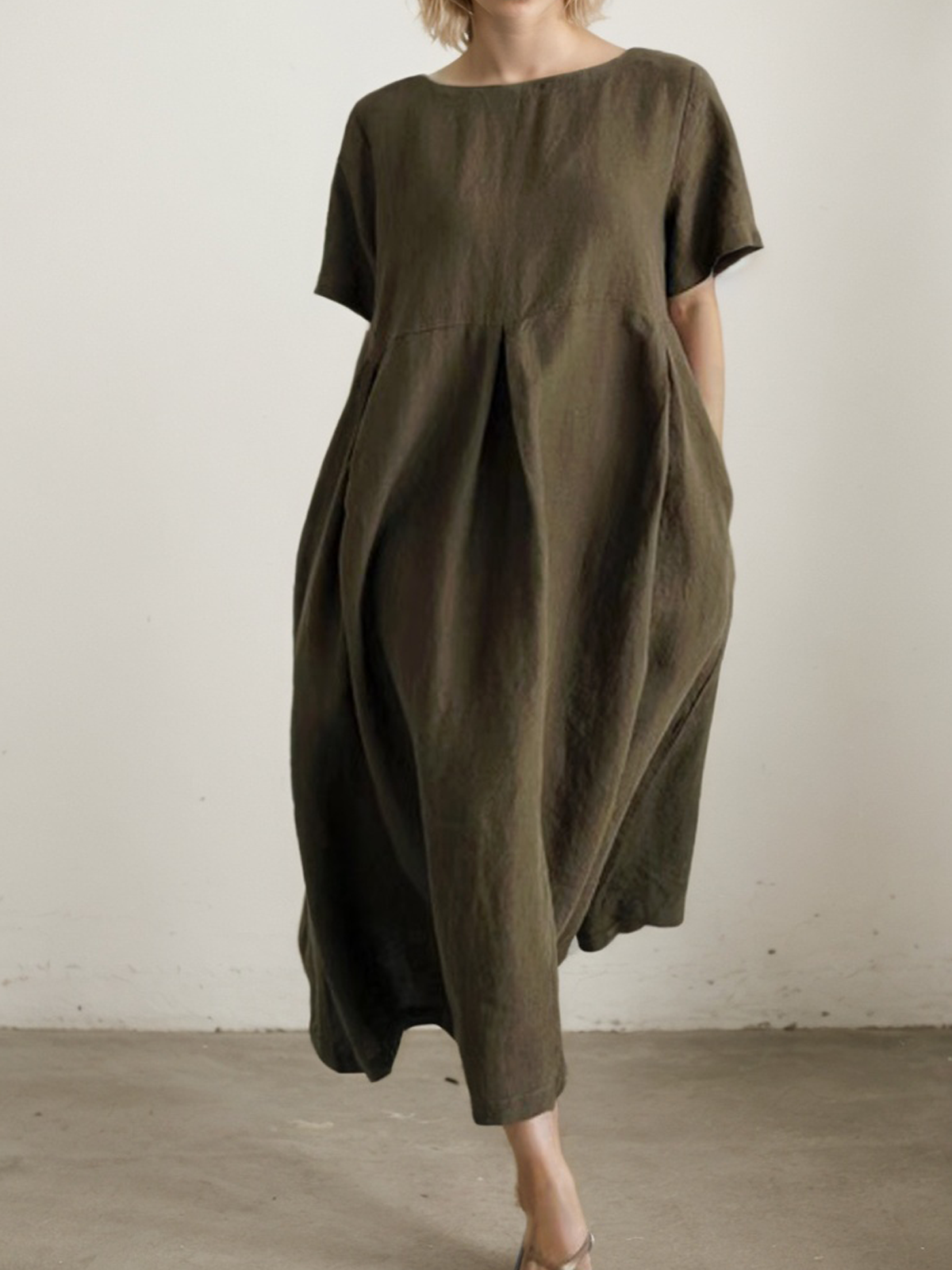 Linen Crew Neck Plain Short Sleeve Midi Dress