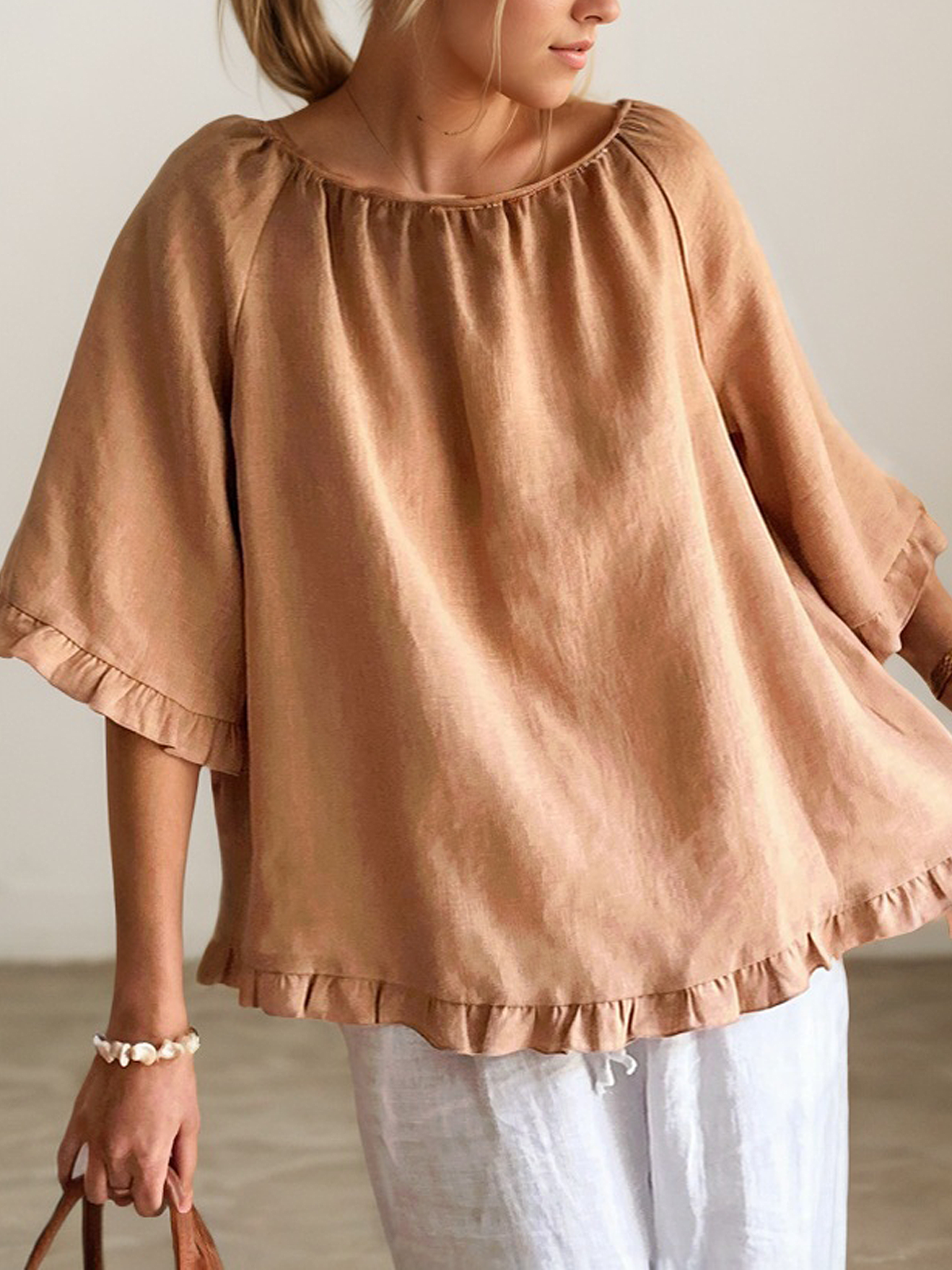 Linen Crew Neck Plain Short Sleeve Blouse