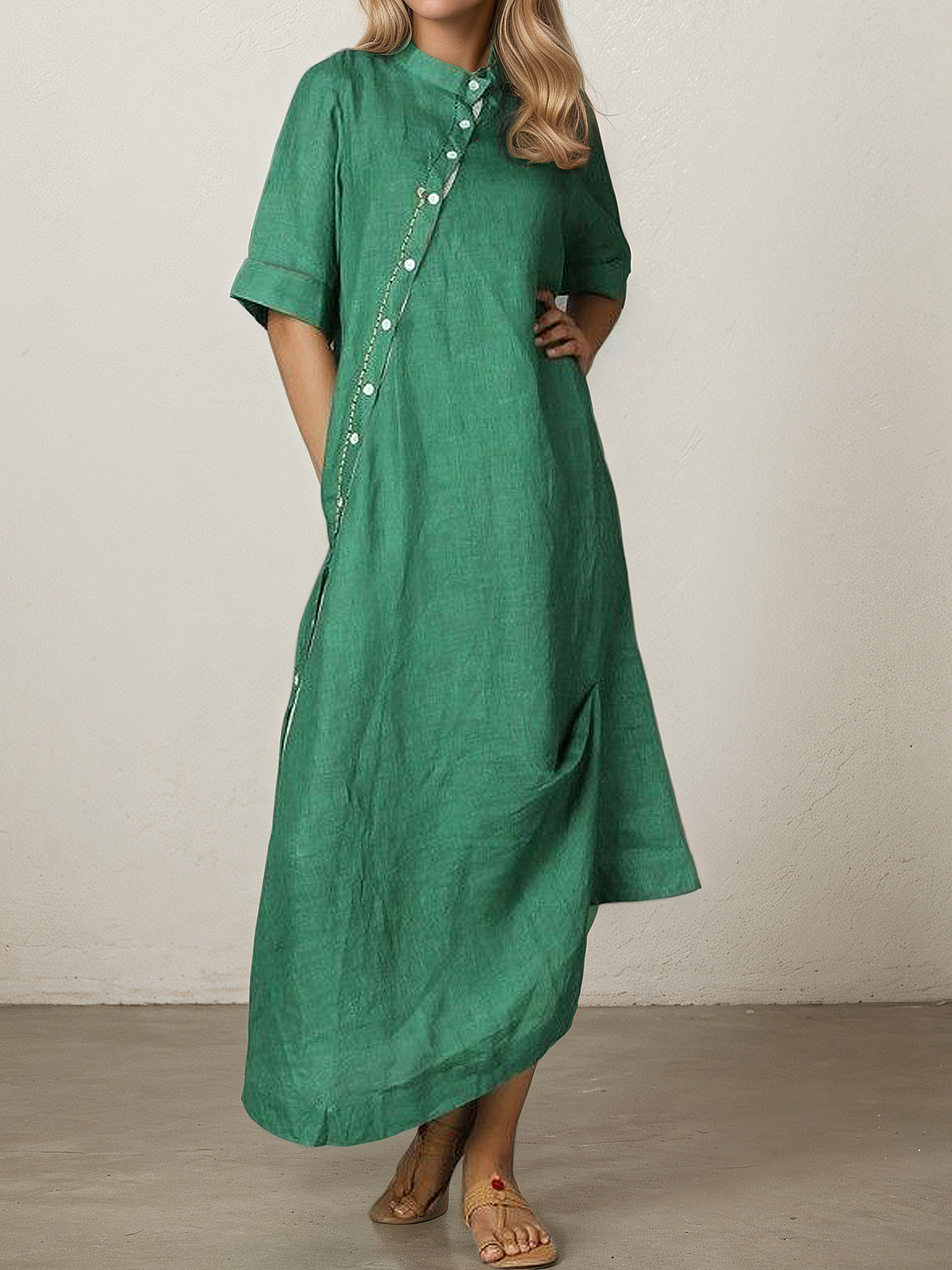Linen Stand Collar Plain Half Sleeve Maxi Dress