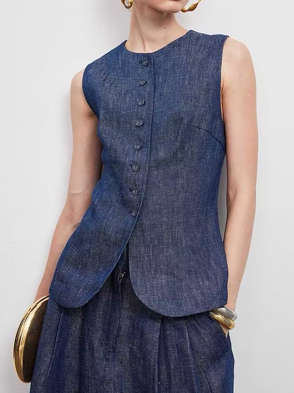 Linen Crew Neck Plain Sleeveless Vest