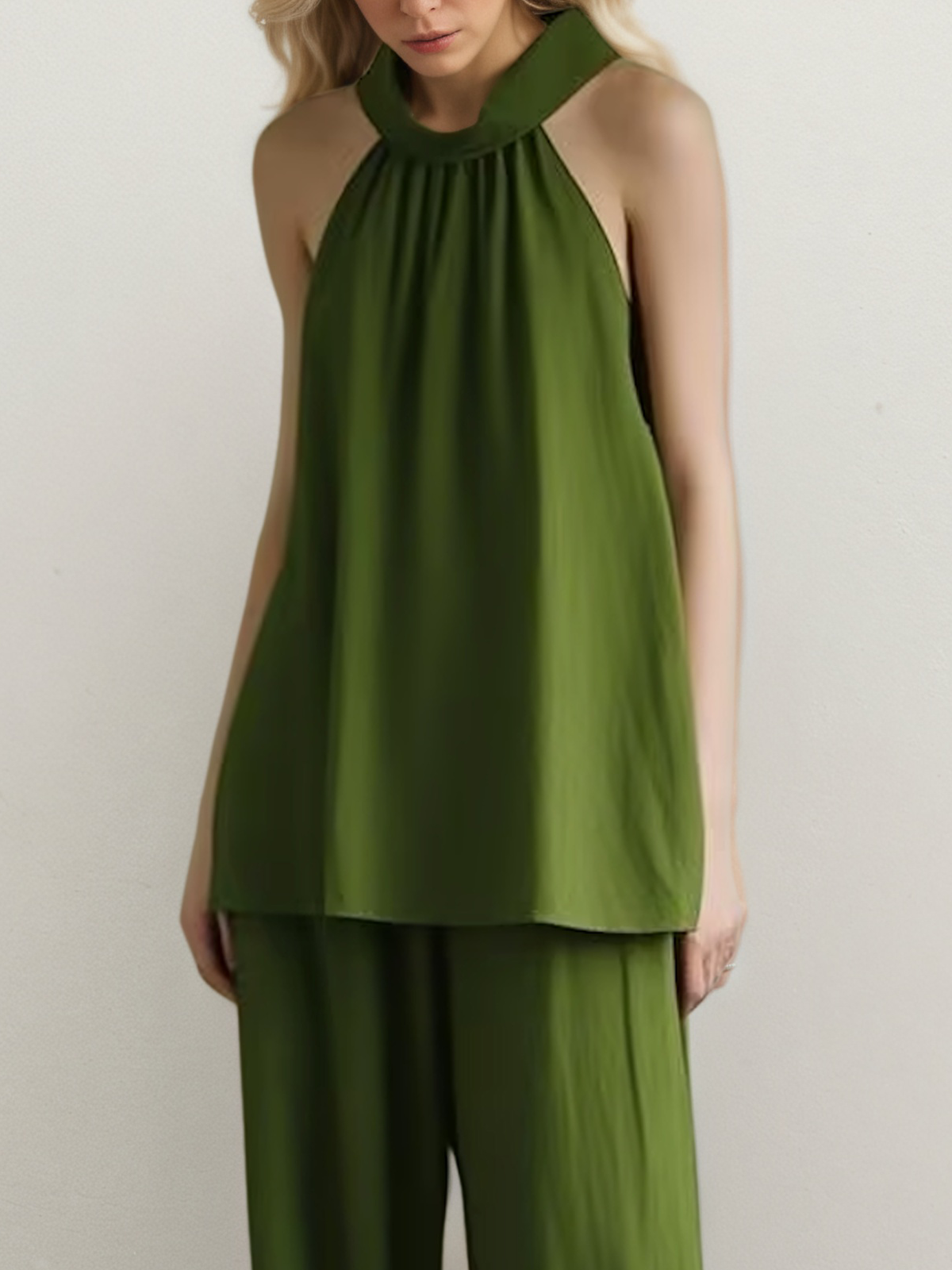 Linen Halter Plain Sleeveless Top With Pants Two-piece Set