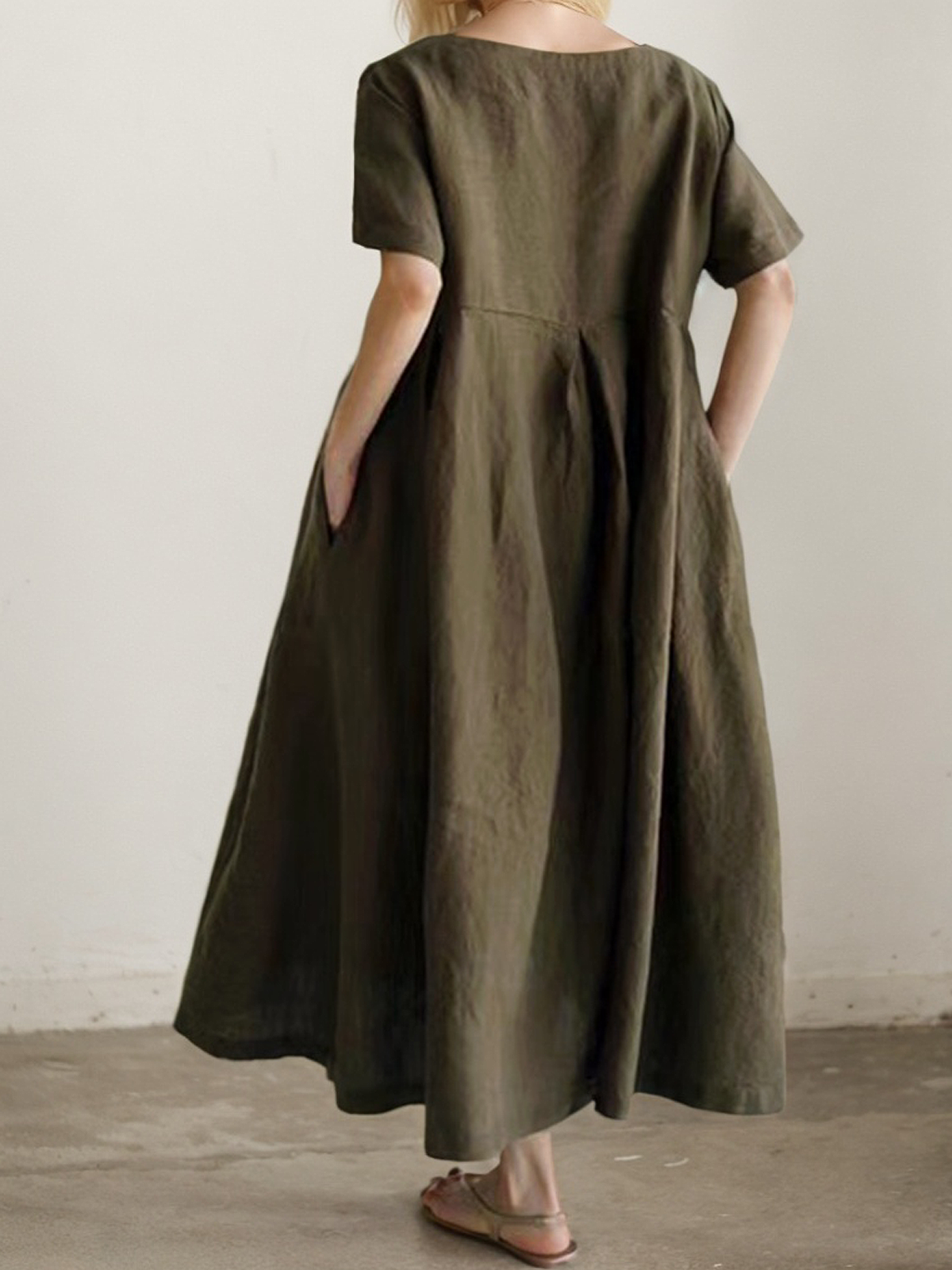 Linen Crew Neck Plain Short Sleeve Midi Dress