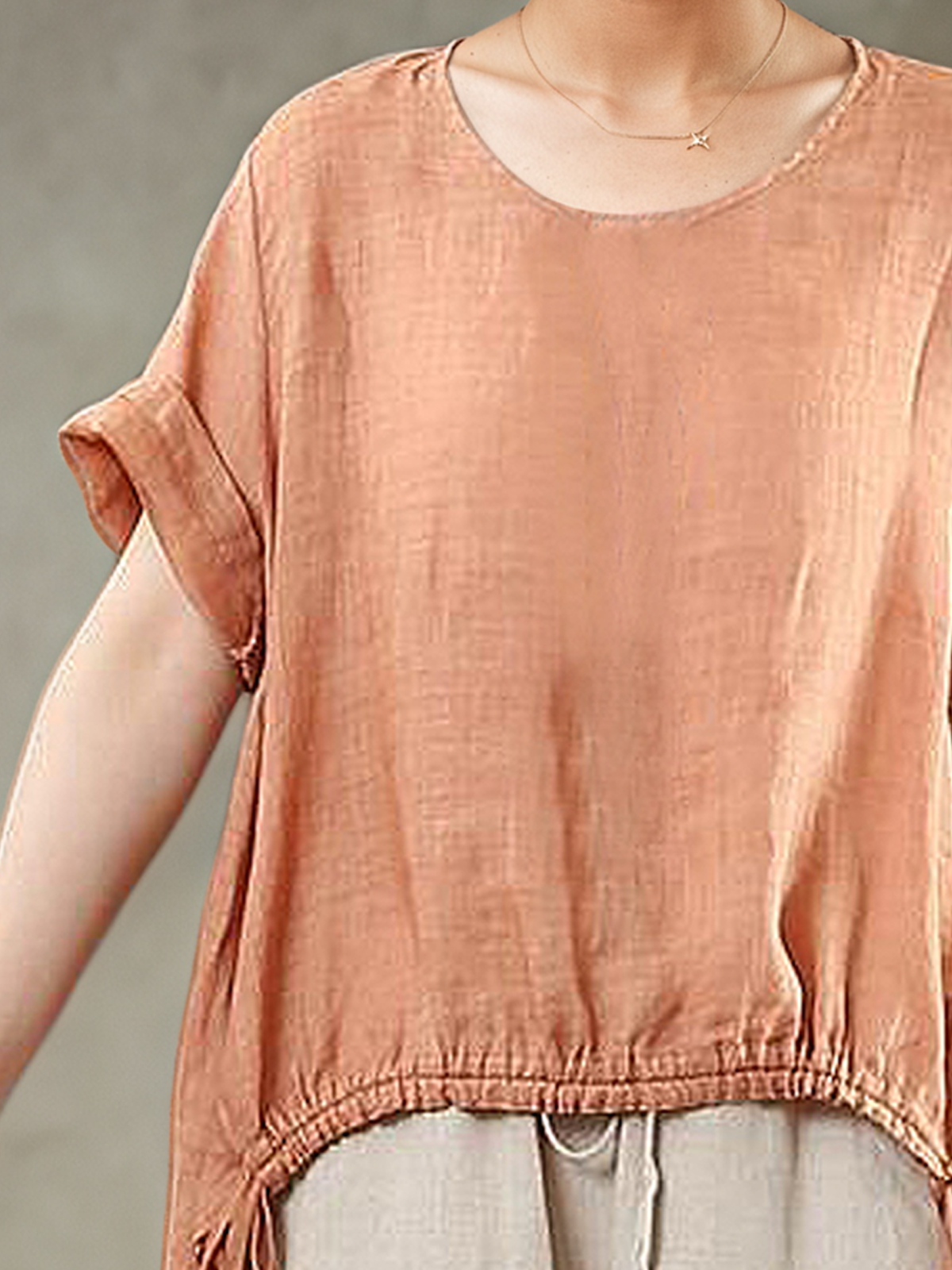 Linen Crew Neck Plain Short Sleeve Blouse