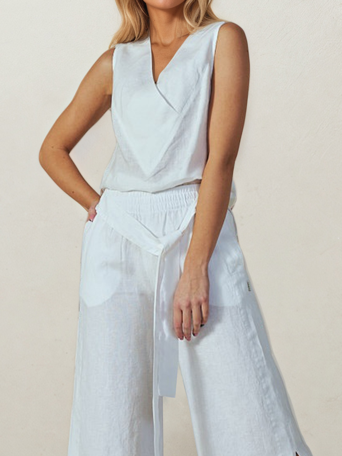 Linen V Neck Plain Sleeveless Blouse