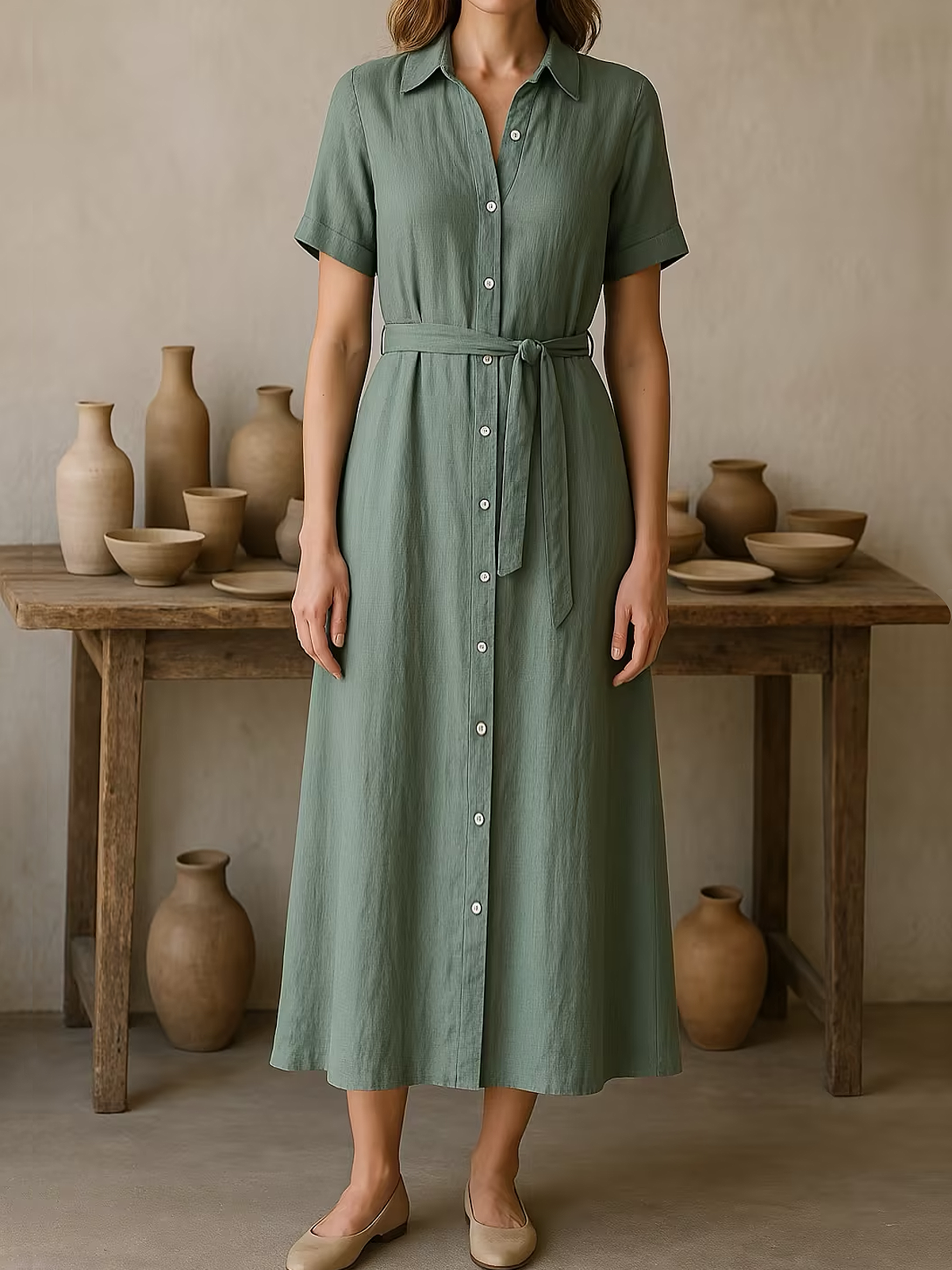 Linen Shirt Collar Plain Short Sleeve Maxi Dress