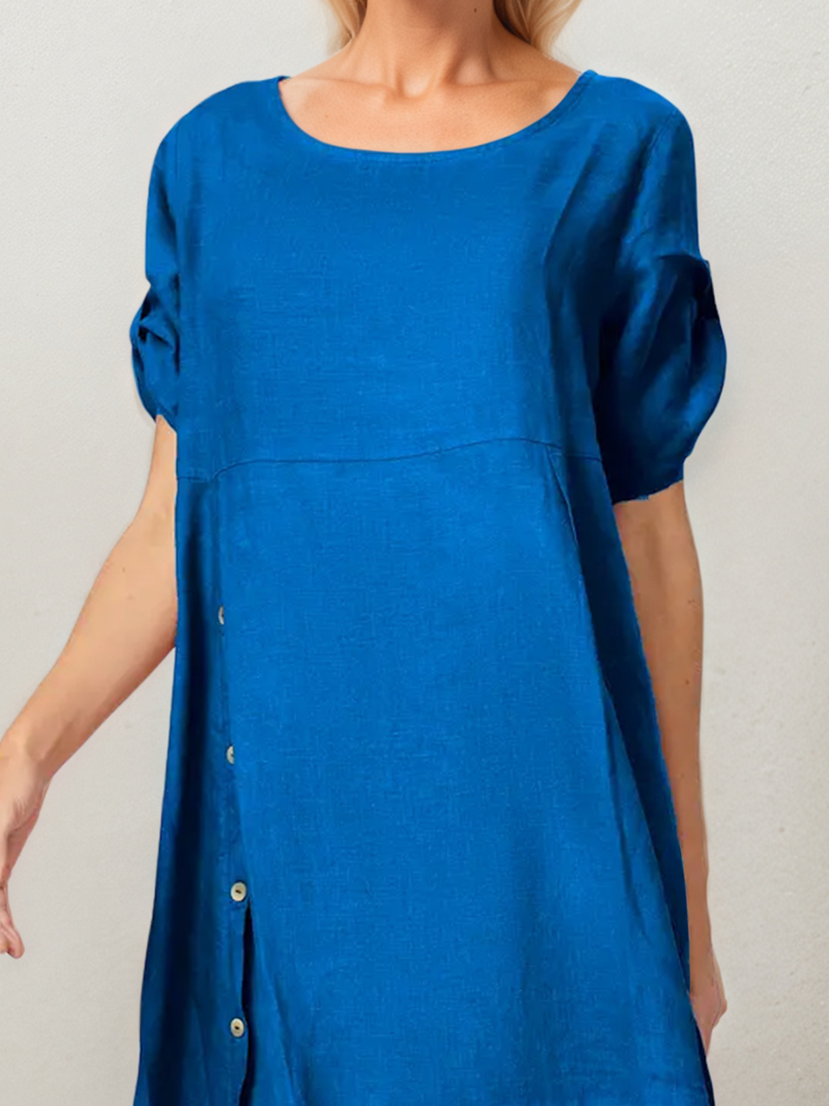 Linen Crew Neck Plain Half Sleeve Dress Mini