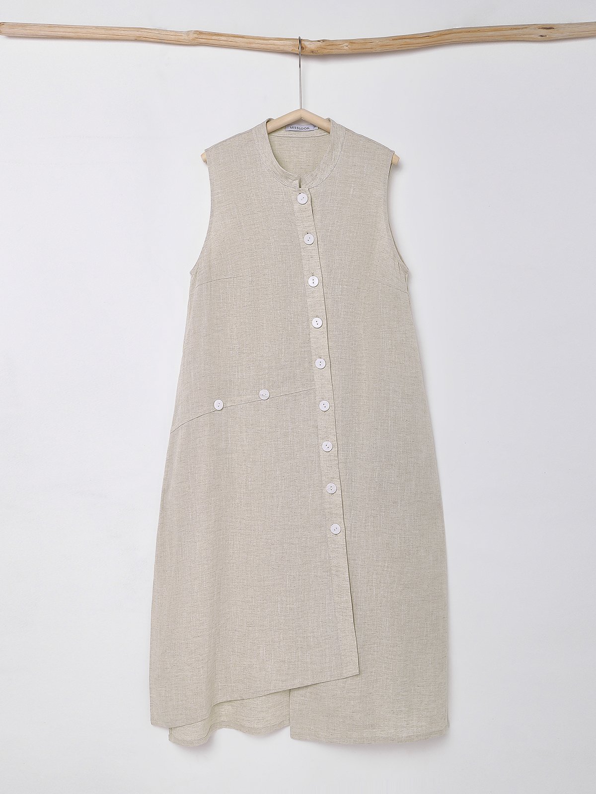 Cotton And Linen Stand Collar Button Design Sleeveless Midi Dress