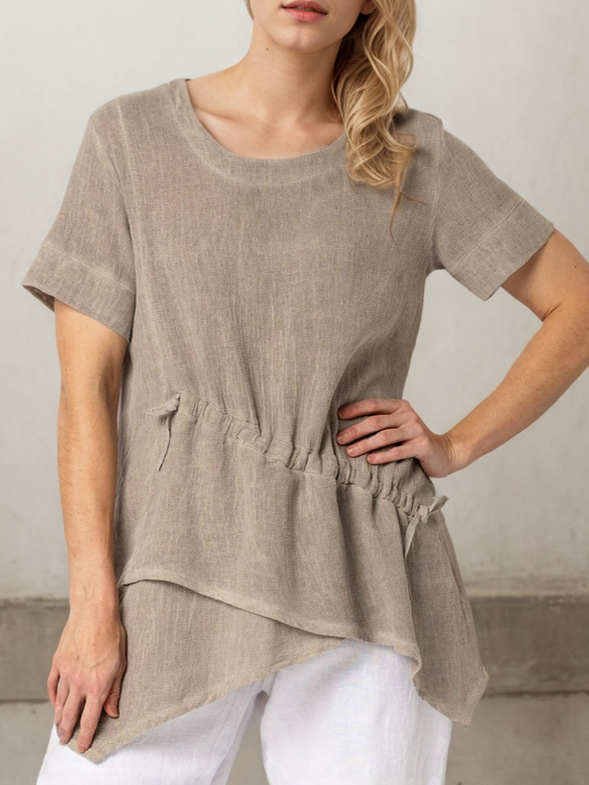 Linen Crew Neck Plain Short Sleeve Blouse