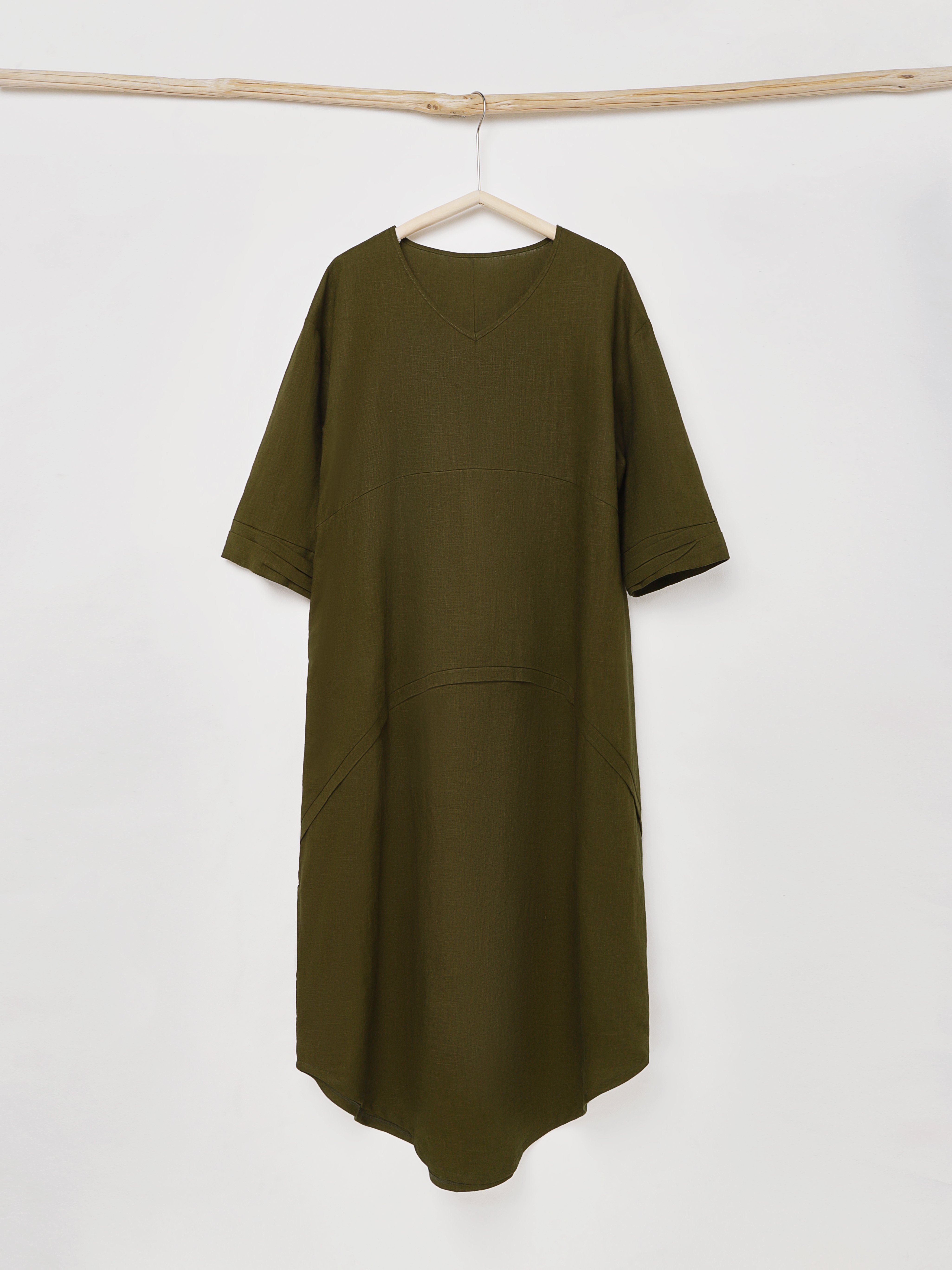 Linen-Cotton Crew Neck Plain Long Sleeve Maxi Dress