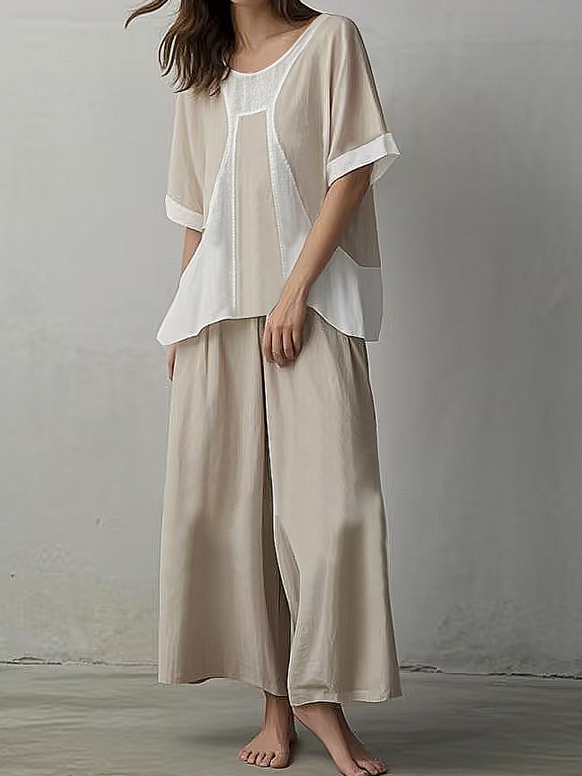 Linen Crew Neck Color Block Short Sleeve Top With Pants Two-piece Set