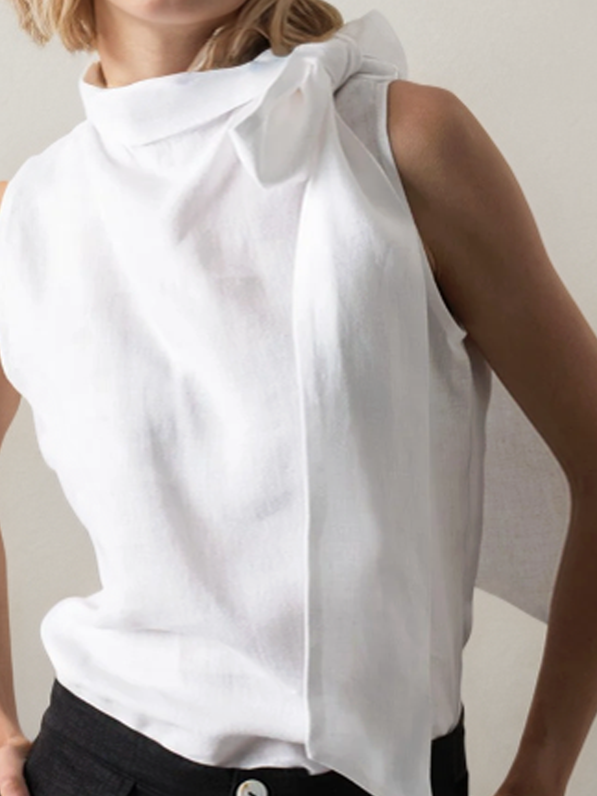 Linen Crew Neck Plain Knot Design Sleeveless Tank Top