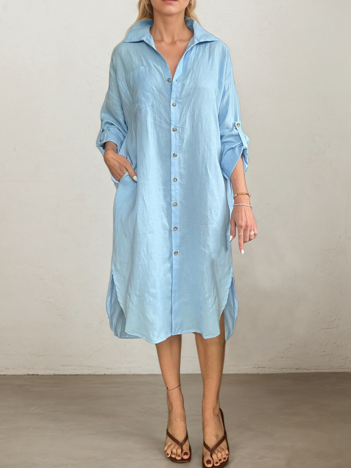 Linen Shirt Collar Plain Long Sleeve Midi Dress