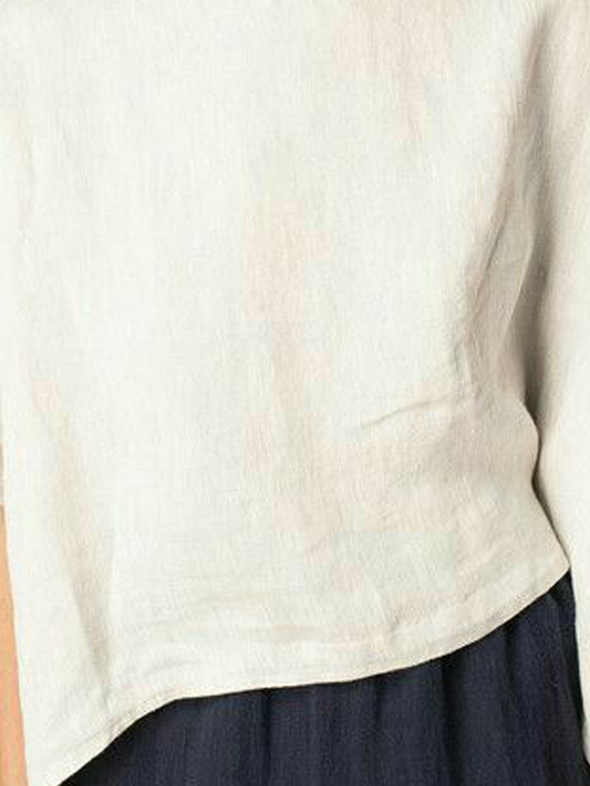 Cotton And Linen Crew Neck Plain Long Sleeve Blouse