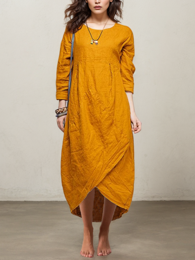 Cotton And Linen Crew Neck Plain Long Sleeve Maxi Dress