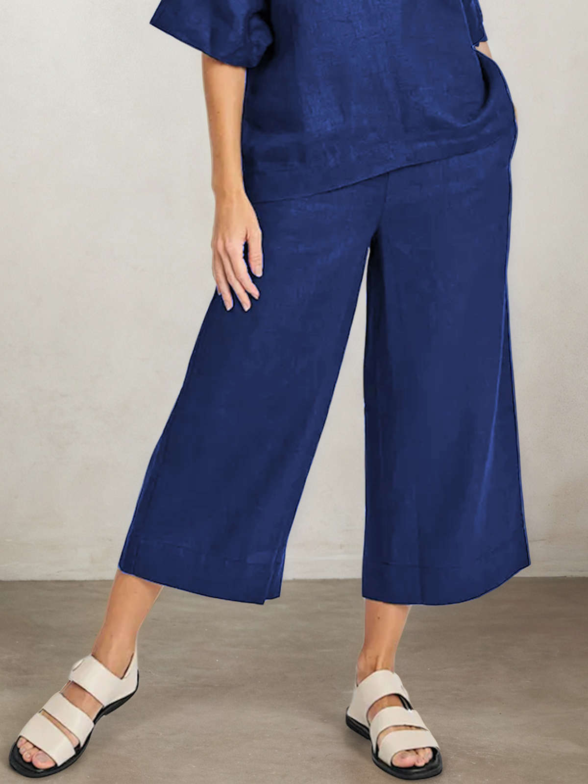 Linen V Neck Plain Short Sleeve Top With Pants Two-piece Set