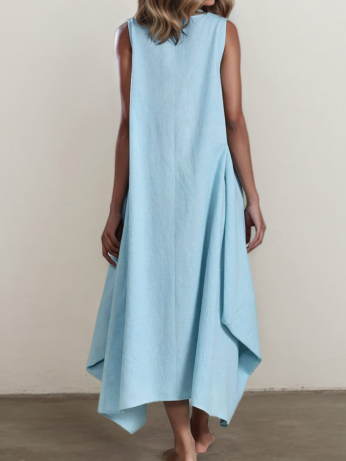 Linen Crew Neck Plain Sleeveless Maxi Dress
