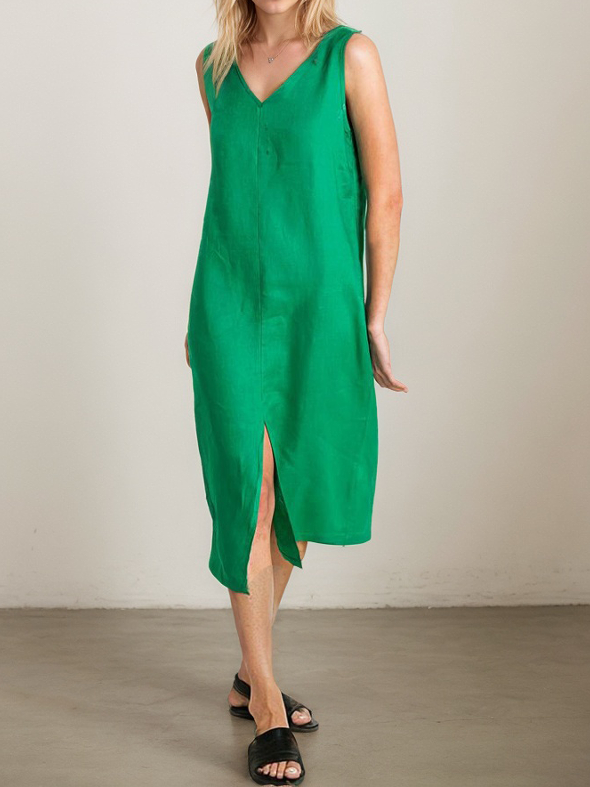Linen V Neck Plain Sleeveless Midi Dress