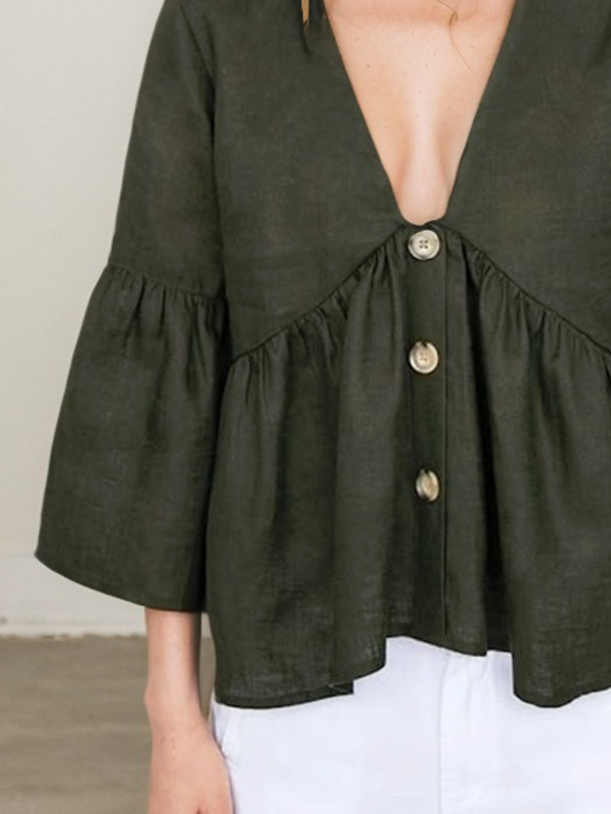Linen V Neck Plain Three Quarter Sleeve Blouse