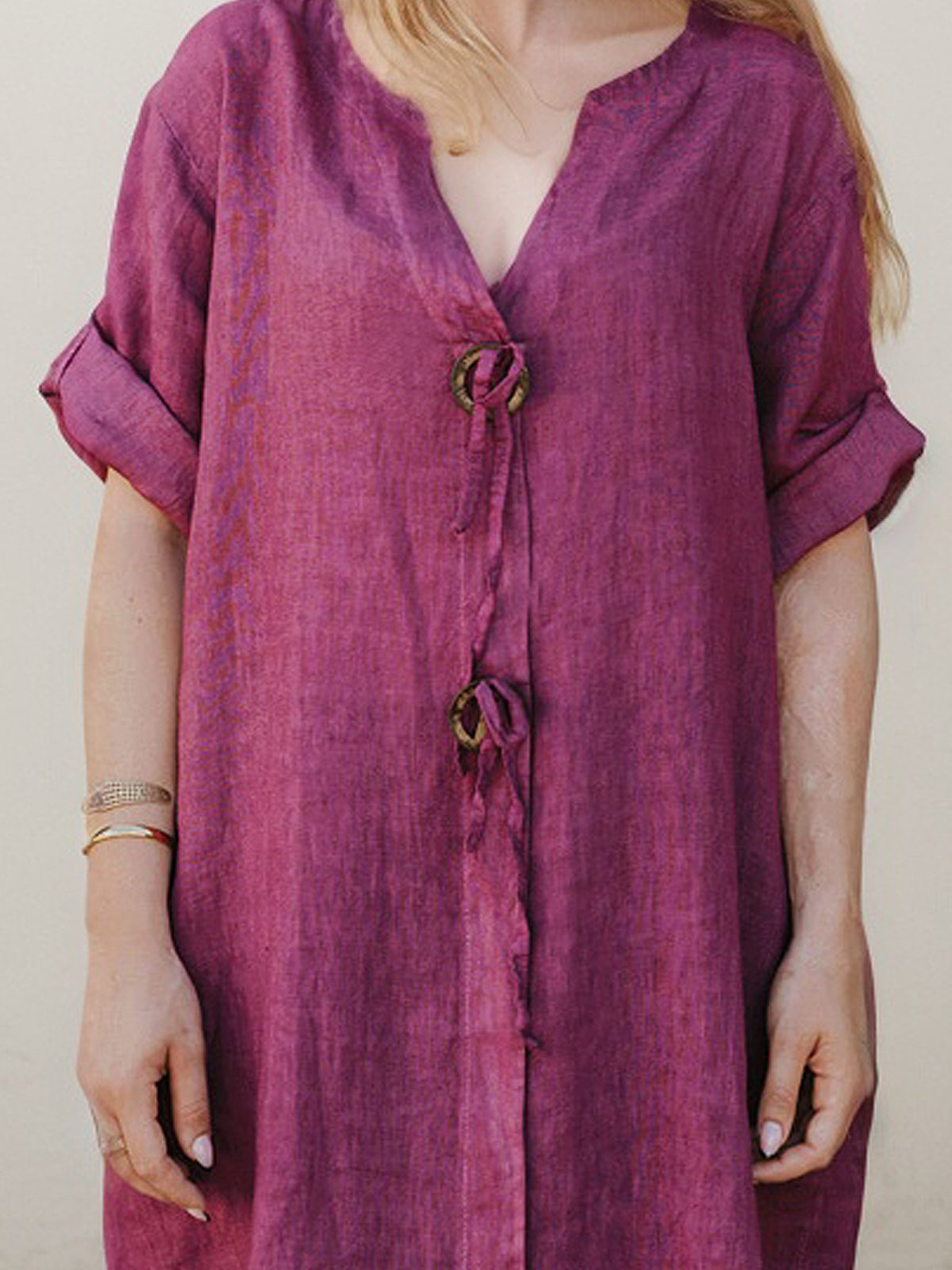 Linen Crew Neck Plain Half Sleeve Mini Dress