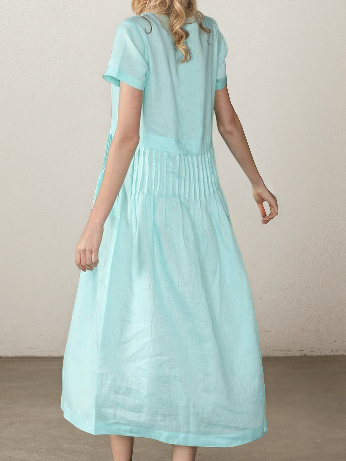 Linen Crew Neck Plain Short Sleeve Midi Dress