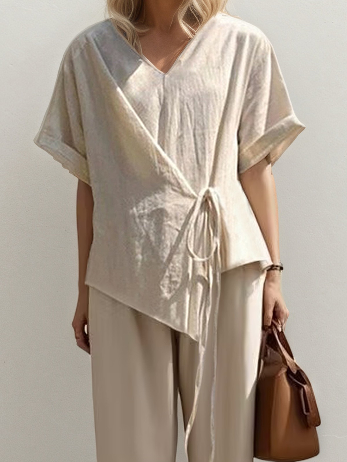 Linen V Neck Plain Short Sleeve Top With Pants Two-piece Set