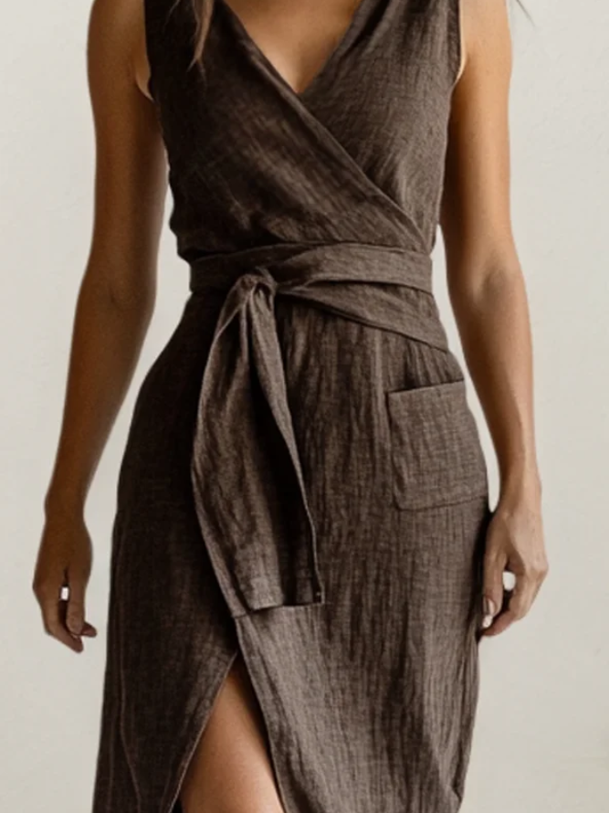 Cotton And Linen V Neck Belt Design Sleeveless Slit Maxi Dress