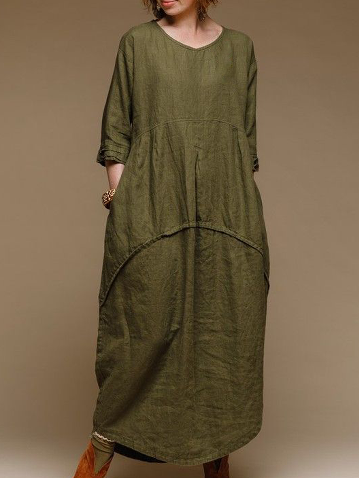Linen-Cotton Crew Neck Plain Long Sleeve Maxi Dress